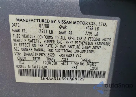 2009 Nissan Maxima 3.5 Sv из США, поврежденный, VIN 1N4AA51E39C808529